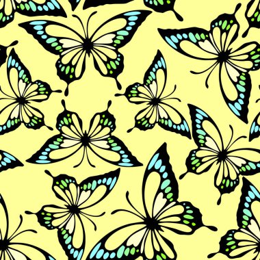 seamless pattern of bright colored butterflies on a yellow background, texture, design
