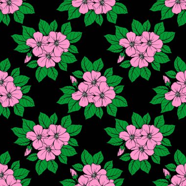 Siyah arkaplan, doku ve dizayn üzerinde büyük pembe çiçeklerin kusursuz deseni