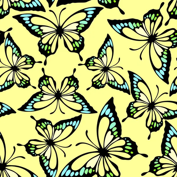 seamless pattern of bright colored butterflies on a yellow background, texture, design