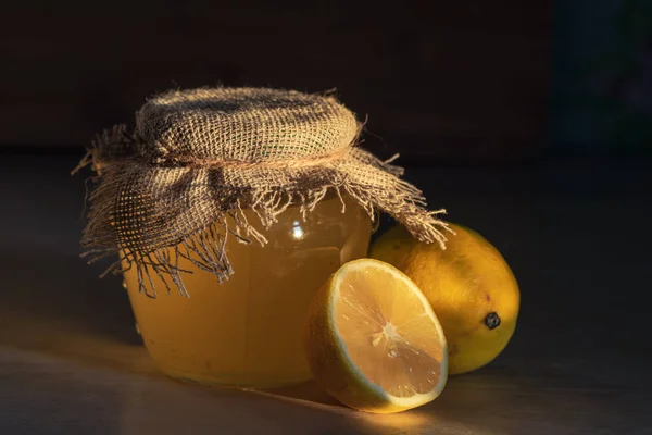Honey Yellow Lemon Half Slice Wooden Table Dark Backgrond Jar — Stock Photo, Image
