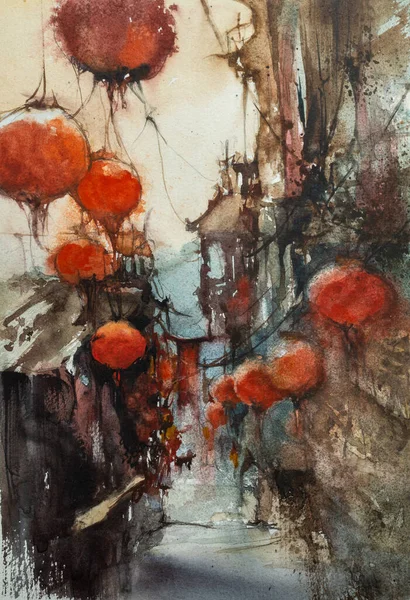 Watercolor painted traditional chinese old town, cafe and red lanterns  cityscape arhitecture FESTIVAL street in China  Retro Art New Year celebration\'s light holiday