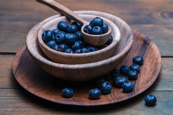 Wood Spoon Ripe Sweet Blueberry Bowl Dark Rustic Wooden Table — Stock Photo, Image