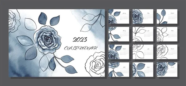 Conjunto Plantillas Calendario Dibujos Acuarela Flores Meses 2023 Ilustración Vectorial — Archivo Imágenes Vectoriales