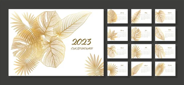 Conjunto Plantillas Calendario Con Hojas Doradas Meses 2023 Ilustración Vectorial — Archivo Imágenes Vectoriales