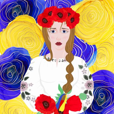 Ukrayna için dua et. Sarı-mavi gül çiçeğinin arka planında üzgün bir Ukraynalı kadın. Vektör illüstrasyonu.