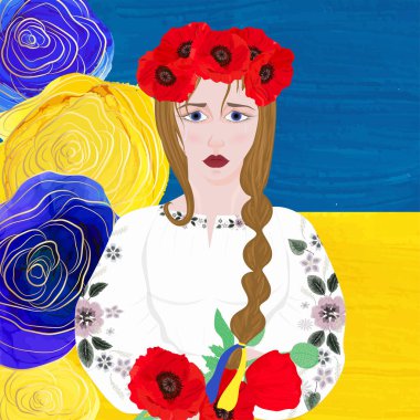Ukrayna için dua et. Sarı-mavi gül çiçeğinin arka planında üzgün bir Ukraynalı kadın. Vektör illüstrasyonu.