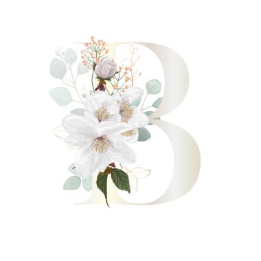 Floral Alphabet. Letter with white botanic springs flowers, branch bouquet composition. Wedding invitations, birthdays. Vector illustration.