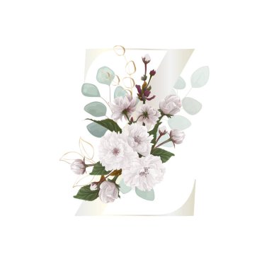 Floral Alphabet. Letter with white botanic springs flowers, branch bouquet composition. Wedding invitations, birthdays. Vector illustration.
