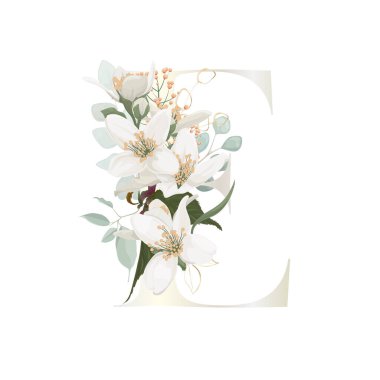 Floral Alphabet. Letter with white botanic springs flowers, branch bouquet composition. Wedding invitations, birthdays. Vector illustration.
