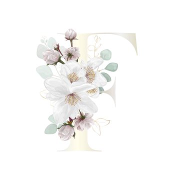 Floral Alphabet. Letter with white botanic springs flowers, branch bouquet composition. Wedding invitations, birthdays. Vector illustration.