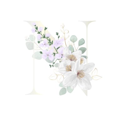 Floral Alphabet. Letter with white botanic springs flowers, branch bouquet composition. Wedding invitations, birthdays. Vector illustration.