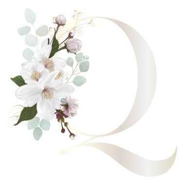 Floral Alphabet. Letter with white botanic springs flowers, branch bouquet composition. Wedding invitations, birthdays. Vector illustration.