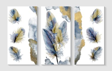 Set of modern creative illustrations with feathers. Art design watercolor texture for home decor, banners, and prints. Vector illustration