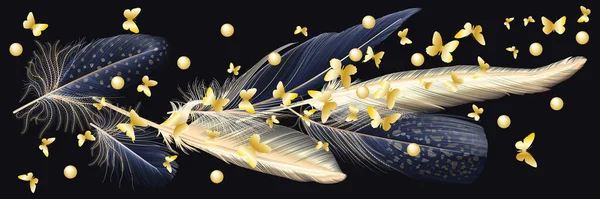 Art Wallpaper Golden Blue Feathers Gold Butterflies Modern Creative Design — Stock vektor