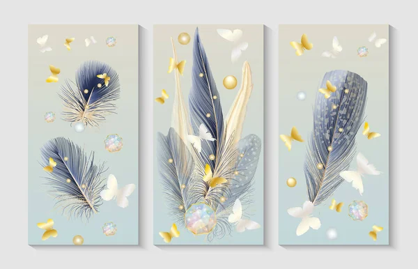 stock vector Set of modern creative gold and blue feather and butterflies. Illustrations for home decor, banners, and prints. Vector illustration.