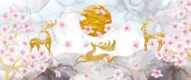 Art wallpaper with deer in the mountains, tree branches sakura flowers. Modern creative design alcohol ink texture for home decor, banners, and prints. Vector illustration.