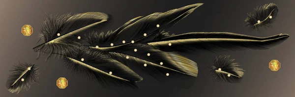 Набор Современных Творческих Золотых Черных Перьев Пернатая Бабочка Иллюстрации Домашнего — стоковый вектор
