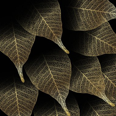 Altın iskelet yapraklı botanik duvar kağıdı. Ev dekorasyonu, afişler ve baskılar için modern yaratıcı tasarım. Vektör illüstrasyonu.