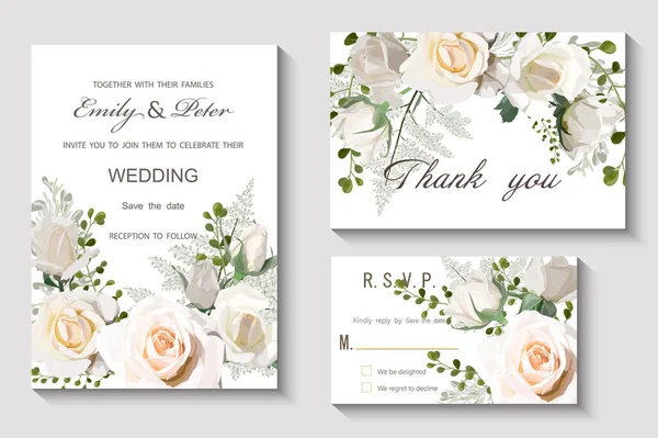 Wedding Invitation Roses Flowers Isolated White Vector Illustration — Stock Vector