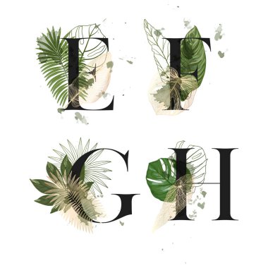Tropik Çiçek Alfabesi. Harfleri botanik buketi ile yaz. Düğün davetiyeleri, tebrik kartları, doğum günleri, logolar, posterler. Vektör illüstrasyonu.