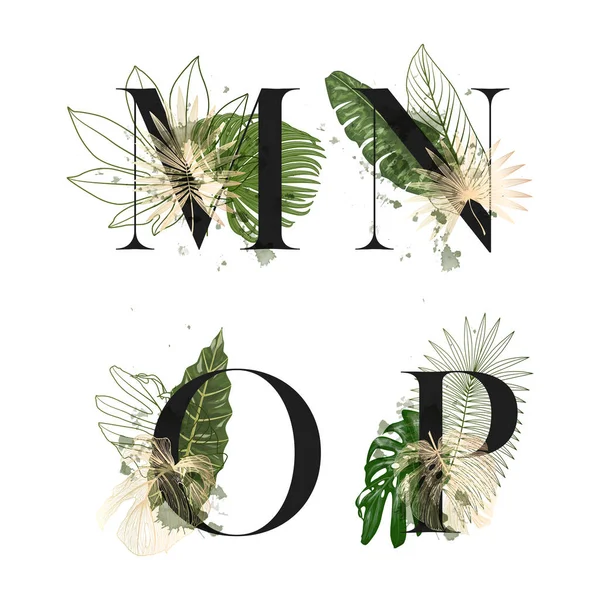 Alphabet Floral Tropical Set Lettres Avec Bouquet Botanique Invitations Mariage — Image vectorielle