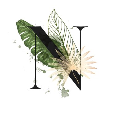 Tropik Çiçek Alfabesi. Botanik buketi olan bir mektup. Düğün davetiyeleri, tebrik kartları, doğum günleri, logolar, posterler. Vektör illüstrasyonu.