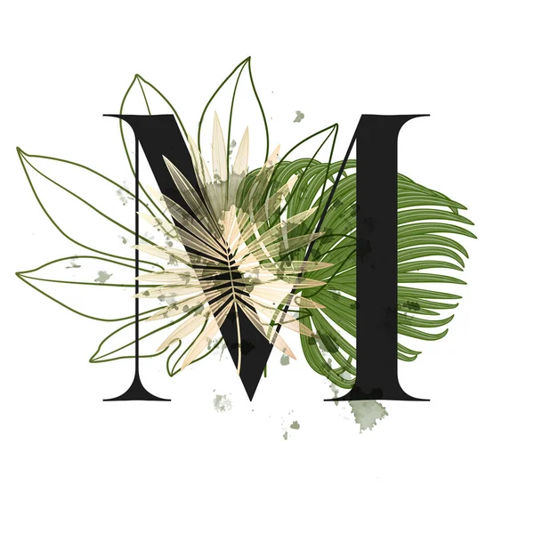 Alphabet Floral Tropical Lettre Avec Bouquet Botanique Invitations Mariage Cartes — Image vectorielle