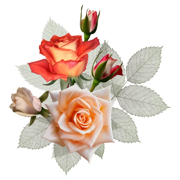 Boeket Van Rose Bloemen Met Bladeren Aderen Vectorillustratie — Stockvector