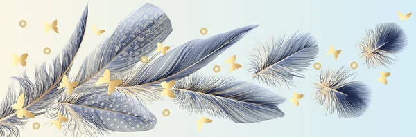 蓝色羽毛和金色蝴蝶的艺术墙纸 家居装饰 横幅和印刷品的现代创意设计 矢量说明 — 图库矢量图片