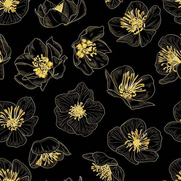 Patrón Sin Costuras Con Flores Primavera Color Dorado Ilustración Vectorial — Archivo Imágenes Vectoriales