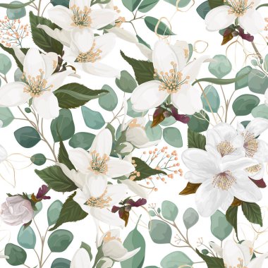 Yasemin çiçekleriyle kusursuz desen. Vektör illüstrasyonu.