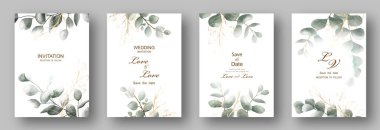 Okaliptüs yapraklı düğün davetiyesi, suluboya, beyaz tenli. Vektör Suluboya.