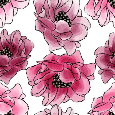 Çiçekler ve yapraklarla botanik sanatı kusursuz desen. Modern yaratıcı tasarım suluboya dokusu. Vektör illüstrasyonu.