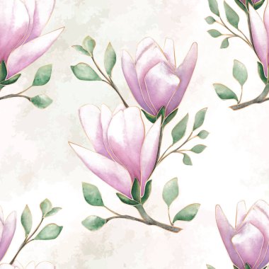 Çiçekler ve yapraklarla botanik sanatı kusursuz desen. Modern yaratıcı tasarım suluboya dokusu. Vektör illüstrasyonu.