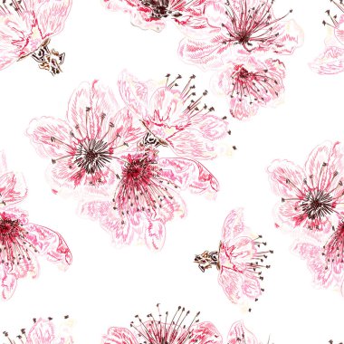 Bahar çiçekleriyle renksiz, güzel bir desen. Sakura. Vektör illüstrasyonu.