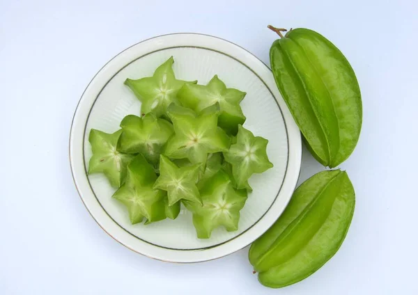 Carambola Star Fruit Sliced Plate White Background — Stock Photo, Image