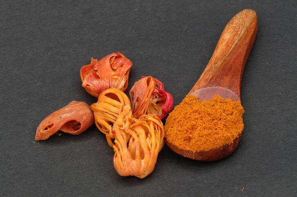 Siyah arka planda tahta kaşıkta biber gazı tozu. 