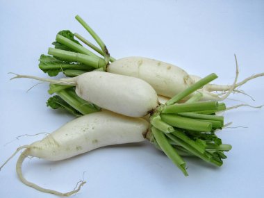 Beyaz arkaplan yakın plan görüntüsünde Daikon veya mooli 