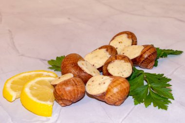 Lezzetli, sarımsaklı tereyağlı Bourgogne Salyangoz. Katalan yemeği. Seçici odaklanma. Hafif arkaplanda salyangoz lezzeti.