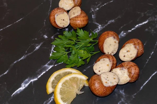Delikatessen Bourgogne Escargot Schnecken Mit Knoblauchbutter Katalanisches Essen Selektiver Fokus — Stockfoto