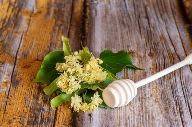 Ahşap zemin üzerinde ıhlamur balı ve ıhlamur çiçeği kavanozu