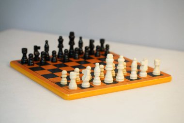 Satranç tahtasının üzerinde iki satranç takımı var. Beyaz arka planda izole edilmiş. Yüksek kalite fotoğraf