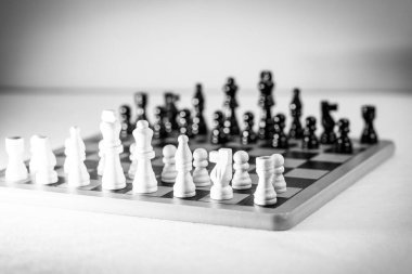 Satranç tahtasının üzerinde iki satranç takımı var. Beyaz arka planda izole edilmiş. Yüksek kalite fotoğraf