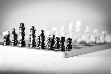 Satranç tahtasının üzerinde iki satranç takımı var. Beyaz arka planda izole edilmiş. Yüksek kalite fotoğraf