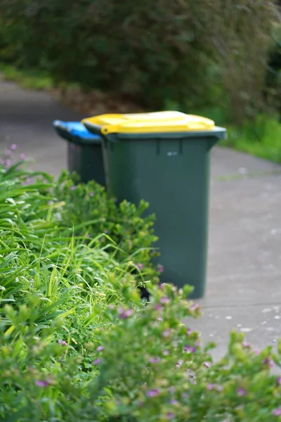 Avustralya 'nın banliyösündeki arka bahçeye yerel konseyin sağladığı çöp bidonları. Yüksek kalite fotoğraf