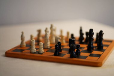 Satranç tahtasının üzerinde iki satranç takımı var. Beyaz arka plan. Yüksek kalite fotoğraf