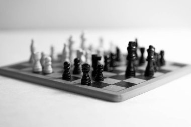 Satranç tahtasının üzerinde iki satranç takımı var. Beyaz arka plan. Yüksek kalite fotoğraf