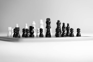 Satranç tahtasının üzerinde iki satranç takımı var. Beyaz arka plan. Yüksek kalite fotoğraf