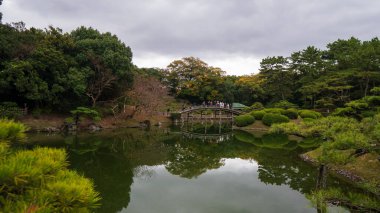 Tokyo Japonya 'da gölü olan eski bir Japon bahçesi. Yüksek kalite fotoğraf