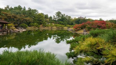 Tokyo Japonya 'da gölü olan eski bir Japon bahçesi. Yüksek kalite fotoğraf